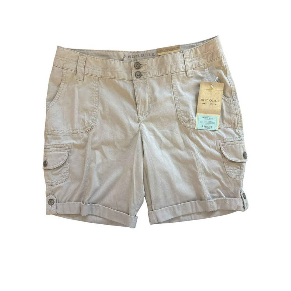 Sonoma Modern Fit Bermuda Shorts 8P Beige Tan Cargo Stretch 8 Petite NWT Utility